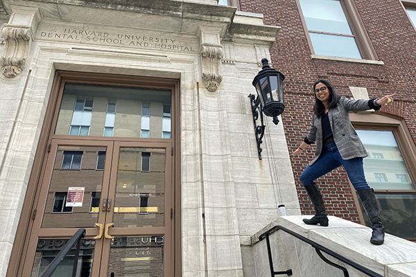 Ashiana Jivraj, DMD21, poses on the front steps of HSDM
