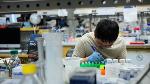 Student at a crowded lab bench.