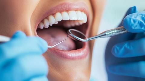 Close-up of a mouth open wide, with gloved hands holding a dental pick and mirror in front.
