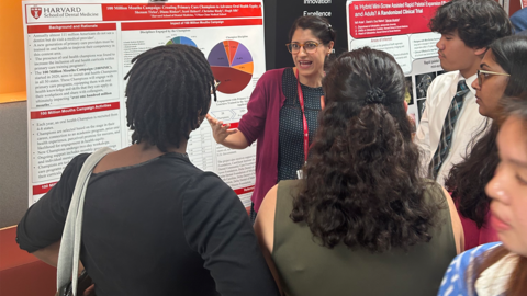 Faculty member in front of a poster presenting to a group of students