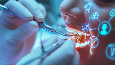 close up of a dentist drilling teeth to patient near the patient mouth there are holograms of icons related to artificial intelligence