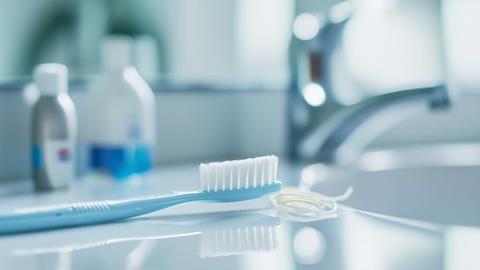 toothbrush and a piece of floss with a sink in the background