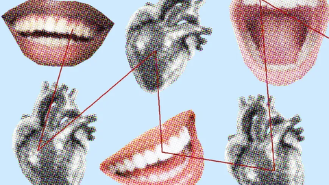 Graphic with three mouths and hearts with a line connecting them 