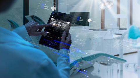Dentist interacting with patient, use VR computer filling out charts schedule management for treatment with Ai technology for innovate different treatments,dental practices