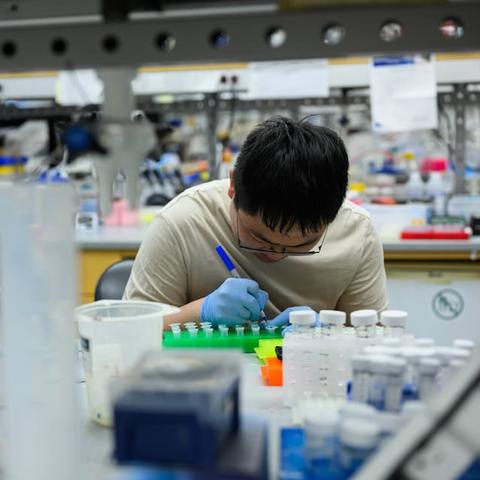 Student at a crowded lab bench.
