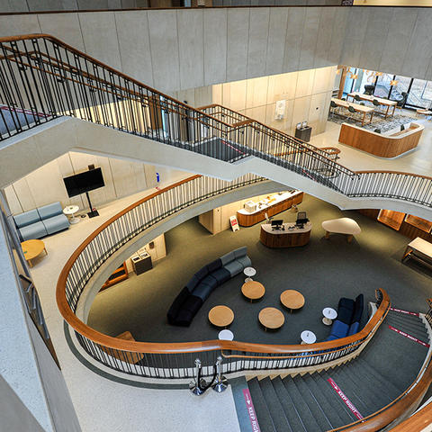 Countway library inside view looking down stairs