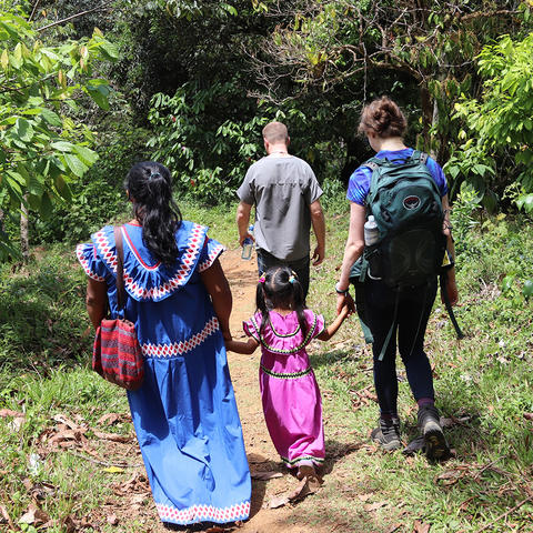 Group walking on a path in Costa Roca, backs are to camera.