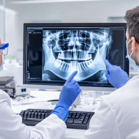 two clinicians looking at an x-ray