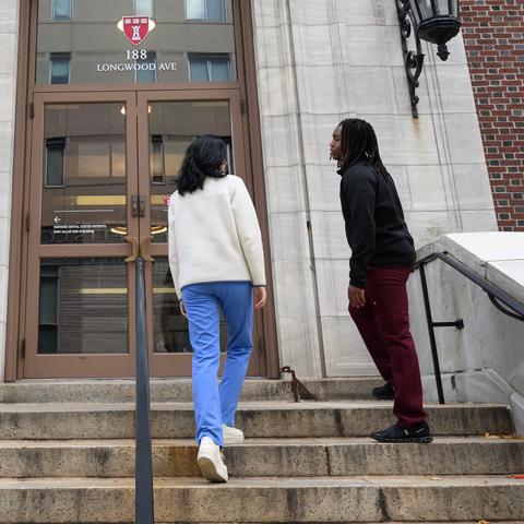 Two students walking up the front steps of HSDM main building