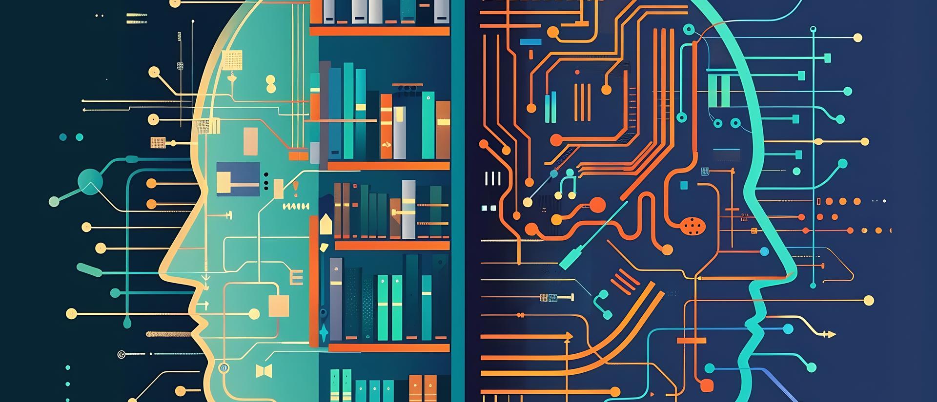 A visually striking graphic that is split into two halves. On one side, depict a traditional library or database to symbolize Large Language Models