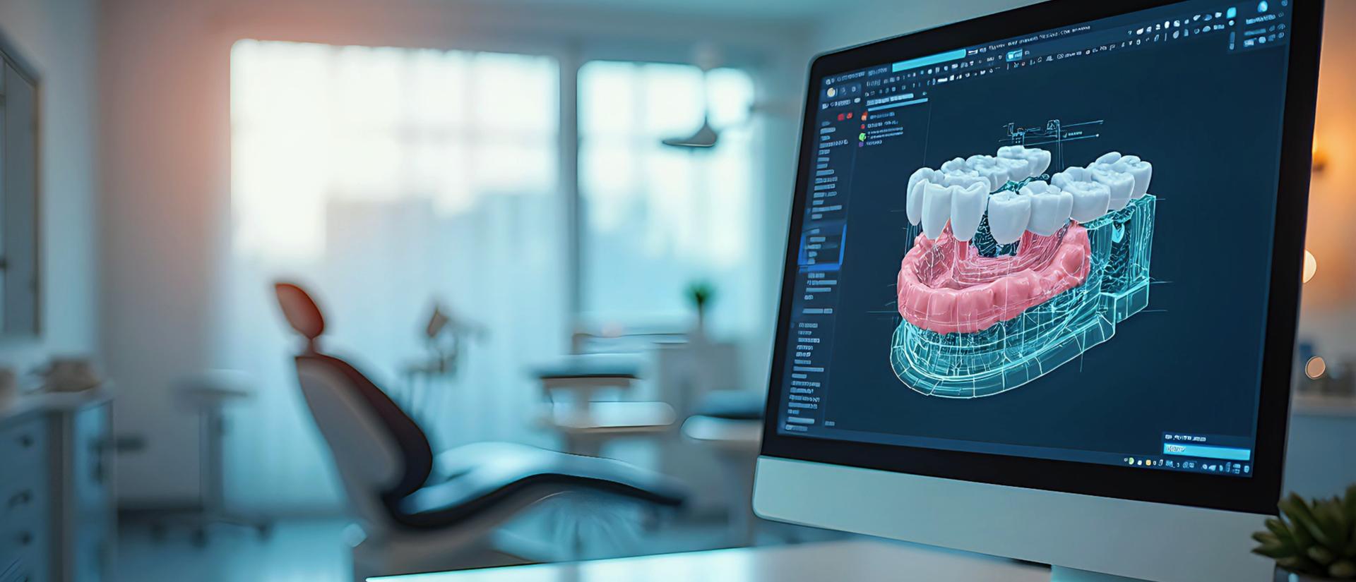 3D model of a jaw on a computer screen with an empty operatory chair in the background