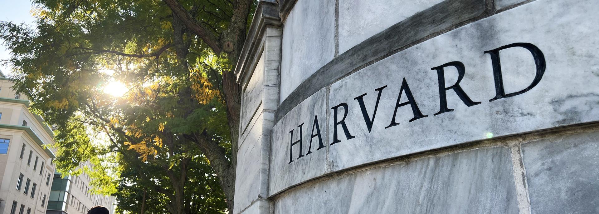 autumnal feel of a person walking pass the Harvard etched sign on Longwood Ave