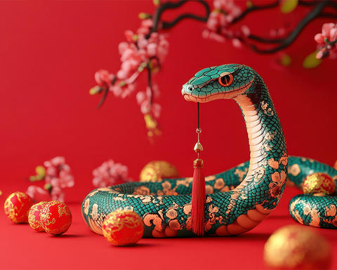 Decorative snake with festive red and gold Lunar New Year ornaments