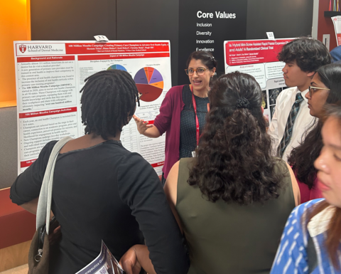 Faculty member in front of a poster presenting to a group of students