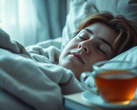 sleeping woman with tea on side table
