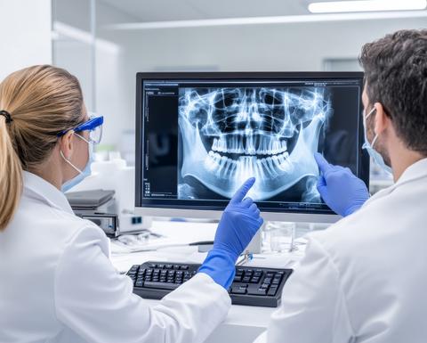 two clinicians looking at an x-ray