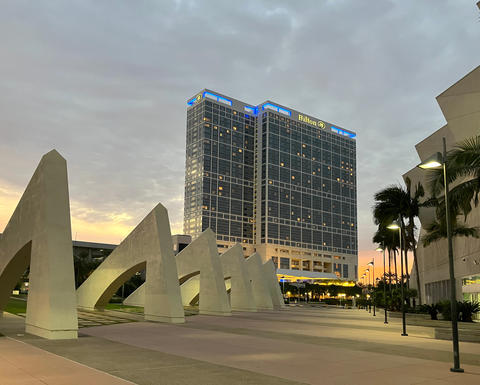 View of the Hilton San Diego Bayfront Hotel at sunrise