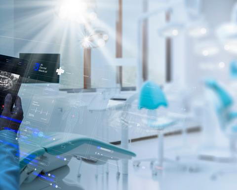 Dentist interacting with patient, use VR computer filling out charts schedule management for treatment with Ai technology for innovate different treatments,dental practices